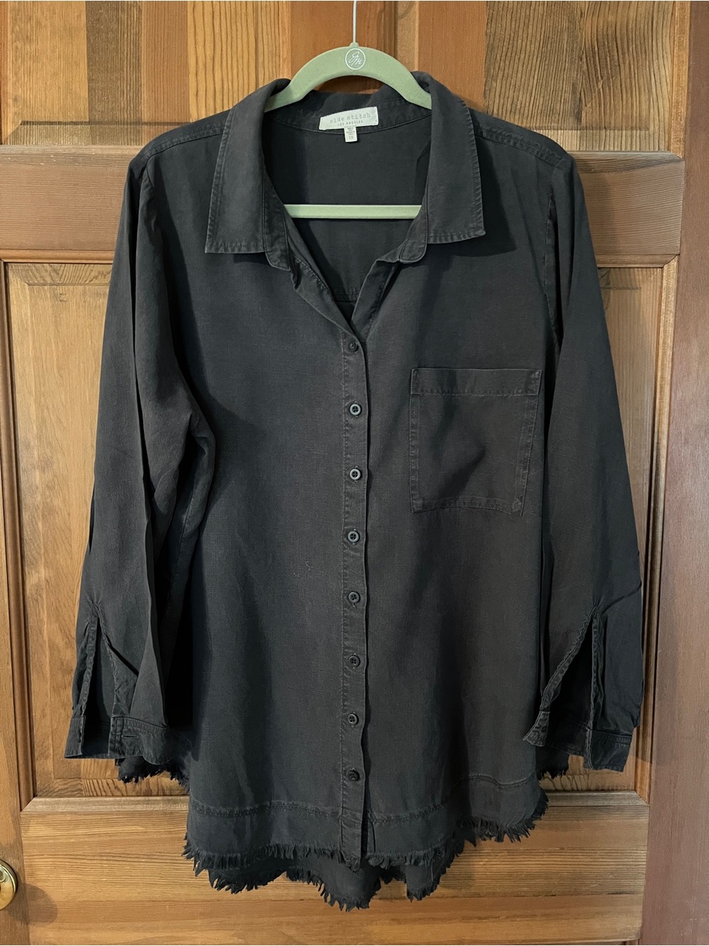 Side Stitch Women’s Black Woven Button-Down Long Sleeve Shirt with Frayed Hem 1X